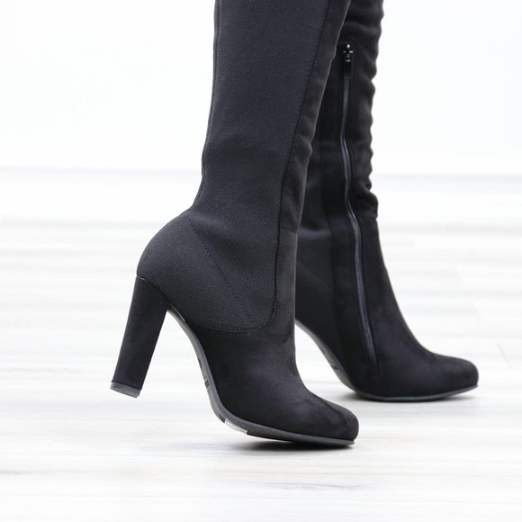 Faux Suede & Stretchy Material Thigh High Boots - Picture 6 of 13